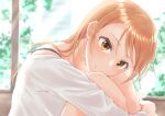  1girl cyde head_on_knees head_tilt highres hojo_karen hugging_own_legs idolmaster idolmaster_cinderella_girls indoors knees_up light_smile looking_at_viewer orange_hair shirt sitting solo straight_hair white_shirt 