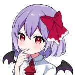  1girl bat_wings blush bow brooch eyebrows_visible_through_hair hair_between_eyes jewelry looking_at_viewer no_hat no_headwear purple_hair red_bow red_eyes red_neckwear remilia_scarlet short_hair simple_background solo touhou user_zpaf4388 white_background wings 