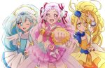  3girls :d blonde_hair blue_dress blue_eyes blue_hair blush clover_earrings commentary_request cure_ange cure_etoile cure_yell dress earrings eyelashes fpminnie1 hair_ornament happy harryham_harry highres hugtto!_precure jewelry kagayaki_homare long_hair looking_at_viewer magical_girl midriff multiple_girls navel nono_hana one_eye_closed open_mouth pink_eyes pink_hair pink_shirt pink_skirt ponytail precure shirt side_ponytail simple_background skirt smile white_background wrist_cuffs yakushiji_saaya yellow_dress yellow_eyes 