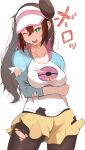  1girl absurdres blush breasts brown_hair cleavage collarbone green_eyes hair_bun hat highres messy_hair okuro_zmzm open_mouth pokemon pokemon_(game) pokemon_bw2 rosa_(pokemon) shirt shorts simple_background solo solo_focus sweatdrop tearing_up torn_clothes torn_legwear torn_shirt torn_shorts white_background 