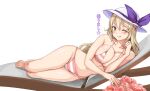  1girl ;q amagi_(amagi626) barefoot bikini blonde_hair blush breasts cleavage food full_body hat highres large_breasts long_hair looking_at_viewer lying navel on_side one_eye_closed simple_background smile solo striped striped_bikini swimsuit table toes tongue tongue_out touhou watatsuki_no_toyohime white_background 