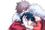  2boys asatomjj bakugou_katsuki boku_no_hero_academia cape closed_eyes freckles fur_collar green_hair highres holding_another&#039;s_head light_brown_hair male_focus midoriya_izuku multiple_boys profile red_cape red_eyes simple_background spiked_hair unconscious white_background 