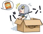  1girl amazon_(company) blue_eyes box brand_name_imitation cardboard_box chips commentary_request food grey_sailor_collar hair_ornament hair_over_one_eye hairclip hama!_(3toshinhmkz) hamakaze_(kancolle) in_box in_container kantai_collection neckerchief no_nose potato_chips sailor_collar school_uniform serafuku short_hair silver_hair simple_background solo speech_bubble white_background yellow_neckerchief 