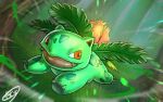  blurry commentary_request fangs forest grass ivysaur kaosu_(kaosu0905) nature no_humans open_mouth outdoors pokemon pokemon_(creature) red_eyes signature smile solo tree 