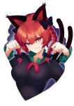  1girl :3 animal_ears bangs black_bow blush bow braid breasts cat_ears dress eyebrows_visible_through_hair garasuno hair_bow kaenbyou_rin large_breasts long_sleeves looking_at_viewer nekomata paw_pose red_eyes red_hair red_neckwear smile solo touhou twin_braids twintails upper_body 