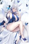  1girl absurdres animal_ear_fluff animal_ears arm_up asuo azur_lane bangs bare_legs blue_dress blue_eyes blush breasts bug butterfly cleavage dress eyebrows_visible_through_hair fox_ears fox_tail full_body high_heels highres huge_breasts legs lips long_hair looking_at_viewer official_alternate_costume shinano_(azur_lane) shinano_(dreams_of_the_hazy_moon)_(azur_lane) silver_hair sitting solo tail thighs white_footwear 
