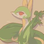  1:1 ambiguous_gender azre brown_background feral green_body hi_res leaf_tail looking_at_viewer nintendo pok&eacute;mon pok&eacute;mon_(species) pseudo_clothing red_eyes serperior signature simple_background smile solo video_games white_body yellow_body 