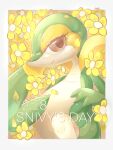  1:1 ambiguous_gender azre biped feral flower_bed glistening green_body hi_res looking_at_viewer lying nintendo pok&eacute;mon pok&eacute;mon_(species) red_eyes signature simple_background smile snivy solo text video_games white_background white_body yellow_body 