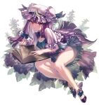  1girl bangs bare_legs blue_bow blunt_bangs book bow capelet closed_mouth crescent crescent_hat_ornament dress full_body green_dress hair_bow hat hat_ornament highres kiseru long_hair looking_at_viewer mob_cap patchouli_knowledge pipe purple_capelet purple_eyes purple_footwear purple_hair purple_headwear shoes sitting slit_pupils solo thupoppo touhou very_long_hair white_background 