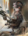  1girl animal_ears arknights black_gloves black_headwear black_jacket cat_ears cat_girl cat_tail crossbow crossed_legs ears_through_headwear gloves grey_hair hair_between_eyes hat headset highres holding holding_crossbow holding_weapon implied_extra_ears jacket long_hair looking_at_viewer official_alternate_costume pants schwarz_(arknights) schwarz_(skyline)_(arknights) sitting solo tail thigh_strap tsujieiri very_long_hair weapon white_pants yellow_eyes 