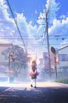  1girl bag blue_sky brown_hair building cloud cloudy_sky crosswalk day from_behind full_body hair_ribbon highres key_visual kneehighs lamppost loafers long_hair mocha_(cotton) nagamori_mizuka official_art one_-_kagayaku_kisetsu_e outdoors pavement power_lines promotional_art ribbon road road_sign scenery school_bag shoes sidewalk sign skirt sky solo street sweater traffic_light tree 