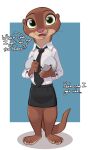  2022 absurd_res anthro breasts brown_body brown_fur clothed clothing dialogue disney english_text female fully_clothed fur hi_res looking_at_viewer lutrine mammal mrs._otterton mustelid siroc smile solo standing talking_to_viewer teeth text zootopia 
