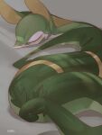  1:1 ambiguous_gender azre eyes_closed feral glistening green_body grey_background hi_res leaf_tail nintendo pok&eacute;mon pok&eacute;mon_(species) pseudo_clothing serperior shadow signature simple_background sleeping solo video_games white_body yellow_body 