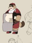  2022 96panda anthro belly big_belly bottomwear brown_body brown_fur canid canine clothing delivery_(commerce) delivery_employee eyes_closed food_delivery fur hat headgear headwear hi_res humanoid_hands kemono male mammal moobs nipples overweight overweight_male raccoon_dog shirt shorts solo tanuki topwear 