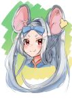  absurdres animal_ears blue_archive blue_bow blue_dress blush bow chinese_clothes dress ear_tag fang grey_hair grin hair_ornament hair_ribbon highres long_hair long_sleeves mouse_ears mouse_girl red_eyes ribbon saya_(blue_archive) smile tsugumi_amon upper_body very_long_hair 