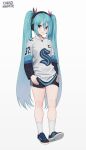  1girl black_footwear black_shorts blue_eyes blue_hair carlo_montie closed_mouth full_body hands_on_hips hatsune_miku headphones jersey long_hair long_sleeves looking_at_viewer national_hockey_league seattle_kraken shirt shoes short_shorts shorts simple_background sneakers socks solo twintails vocaloid white_background white_legwear white_shirt 
