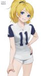  1girl absurdres artist_name ayase_eli baseball_uniform blonde_hair blue_eyes carlo_montie collarbone cowboy_shot dallas_cowboys hand_on_hip highres jersey long_hair looking_at_viewer love_live! love_live!_school_idol_project national_football_league parted_lips ponytail shirt short_shorts short_sleeves shorts simple_background smile solo sportswear white_background white_shirt white_shorts 
