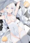  1girl :o absurdres animal_ears azur_lane bangs blue_eyes braid breasts checkered_floor eyebrows_visible_through_hair fake_animal_ears hands_up highres le_malin_(azur_lane) le_malin_(listless_lapin)_(azur_lane) leotard long_hair looking_at_viewer lying manjuu_(azur_lane) official_alternate_costume on_back on_floor open_mouth oxygen_mask_(oxygenmask233) playboy_bunny rabbit_ears silver_hair simple_background small_breasts solo star-shaped_pupils star_(symbol) symbol-shaped_pupils thighhighs twin_braids white_hair white_legwear white_leotard zettai_ryouiki 