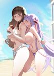  2girls areola_slip areolae bangs bb_(fate) bb_(fate/extra) bikini blue_sky blunt_bangs blush breasts brown_eyes brown_hair closed_eyes fate/extra fate/extra_ccc fate_(series) hair_ribbon highres kishinami_hakuno_(female) large_breasts long_hair monobe_yuri multiple_girls navel purple_bikini purple_hair red_ribbon ribbon sky smile swimsuit very_long_hair white_bikini yuri 