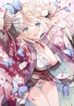  1girl :d blonde_hair blue_eyes bow bow_panties breasts bug butterfly cameltoe cleavage commentary cowboy_shot floral_print flower hair_flower hair_ornament hand_fan holding hoshino_koucha japanese_clothes kimono large_breasts looking_at_viewer open_clothes open_kimono original panties pantyshot pink_kimono red_kimono smile solo tassel thigh_gap thighs underwear 