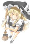  1girl arnest blonde_hair blush bow braid broom from_above grin hat highres kirisame_marisa long_hair looking_at_viewer puffy_sleeves shoes short_sleeves single_braid smile solo star_(symbol) touhou white_bow witch_hat yellow_eyes 