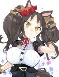  +_+ 1girl animal_ears black_gloves blush breasts brown_hair flower gloves hair_flower hair_ornament highres horse_ears horse_girl horse_tail large_breasts long_hair marvelous_sunday_(umamusume) neck_ribbon oppai_loli puffy_short_sleeves puffy_sleeves ribbon sala_mander short_sleeves smile solo tail twintails umamusume yellow_eyes 