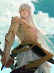  1boy abs artist_name closed_mouth cloud cloudy_sky commentary cowboy_shot facial_mark falling_leaves forehead_mark highres holding holding_sword holding_weapon inuyasha katana leaf long_hair looking_at_viewer male_focus mmmilk nipples outdoors pants pectorals sesshoumaru sky sword topless_male weapon whisker_markings white_hair white_pants yellow_eyes 