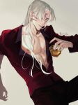  1boy alcohol artist_name black_pants closed_mouth commentary cowboy_shot drink facial_mark fingernails forehead_mark grey_background hair_over_one_eye highres holding holding_drink inuyasha long_hair looking_at_viewer male_focus mmmilk nipples one_eye_covered open_clothes open_shirt pants pectoral_cleavage pectorals pointy_ears red_shirt sesshoumaru sharp_fingernails shirt silver_hair sitting whisker_markings whiskey white_hair 