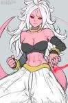  1girl android_21 black_nails black_sclera bracelet breasts cleavage colored_sclera colored_skin detached_sleeves dragon_ball dragon_ball_fighterz earrings gofelem harem_pants hoop_earrings jewelry long_hair looking_at_viewer majin_android_21 navel pants pink_skin red_eyes simple_background smile solo tail watermark white_hair white_pants 