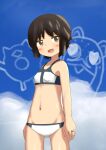  1girl absurdres abyssal_ship bikini black_hair blue_sky bokukawauso breasts brown_eyes cloud cowboy_shot enemy_lifebuoy_(kancolle) groin highres kantai_collection looking_at_viewer miyuki_(kancolle) navel short_hair sky small_breasts smile solo standing subprocedure swimsuit white_bikini 