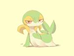  4:3 ambiguous_gender azre biped feral glistening green_body hi_res leaf_tail looking_at_viewer lying nintendo pok&eacute;mon pok&eacute;mon_(species) red_eyes signature simple_background snivy solo video_games white_body yellow_background yellow_body 