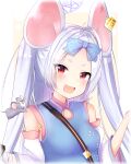  1girl animal animal_ears aqua_dress blue_archive bow breasts caffeinechara china_dress chinese_clothes detached_sleeves dress ear_tag hair_ornament hair_ribbon halo highres long_hair looking_at_viewer mouse mouse_ears mouse_girl red_eyes ribbon saya_(blue_archive) silver_hair small_breasts vial yellow_background 