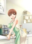  1girl :d apron bangs breasts brown_eyes brown_hair collarbone dress eyebrows_visible_through_hair game_cg green_apron indoors kitchen large_breasts looking_at_viewer ojiri_shin&#039;ya print_apron sawamura_anna shiny shiny_hair short_hair sleeveless sleeveless_dress smile solo standing toshiue_lesson white_dress 