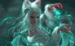  1girl ahri_(league_of_legends) alternate_costume alternate_hair_color alternate_hairstyle animal_ear_fluff animal_ears artist_name bare_shoulders bell blurry blurry_background bow breasts casting_spell cleavage commentary depth_of_field dress english_commentary facial_mark fingernails fireball fox_ears fox_girl fox_tail fur-trimmed_dress fur_trim green_eyes grey_ribbon hair_bell hair_bow hair_ornament kumiho league_of_legends light_particles long_hair magic medium_breasts mixed-language_commentary nixeu sharp_fingernails smile solo strapless strapless_dress tail tube_dress vastaya whisker_markings white_dress white_hair wide_sleeves 