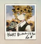  basil_(omori) birthday black_vest blonde_hair blue_eyes camera collared_shirt commentary_request flower flower_wreath happy_birthday head_wreath highres holding holding_camera miyashita_miro omori photo_(object) shirt short_hair smile sunflower vest white_shirt 