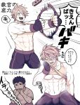 2boys abs bara bare_arms blank_eyes blush breath bulge character_request collage covered_abs fingerless_gloves gloves large_pectorals leggings looking_at_another male_focus master_utsushi monochrome monster_hunter_(series) monster_hunter_rise multiple_boys mumumu_(ahomoidasuyo) muscular muscular_male navel nipples own_hands_clasped own_hands_together pectorals short_hair staring stomach sweat tank_top thick_thighs thighs translation_request underpec yaoi 