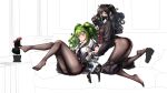  2girls absurdres ass bangs black_footwear black_gloves black_hair black_legwear black_neckwear black_shirt black_skirt blush breasts closed_mouth clothes_pull collarbone couch dinergate_(girls&#039;_frontline) eyebrows_visible_through_hair feet full_body girls&#039;_frontline gloves green_hair grey_eyes highres legs legs_up lips long_hair looking_at_viewer m950a_(girls&#039;_frontline) mask medium_breasts multiple_girls no_shoes panties pantyhose red_neckwear scarecrow_(girls&#039;_frontline) school_uniform serafuku shirt shoe_dangle shoes simple_background sitting skirt skirt_pull soles thighs toes twintails underwear von.franken white_shirt yellow_eyes 