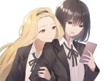  2girls arm_hug bangs bangs_pinned_back black_hair blonde_hair bolo_tie cellphone eyebrows_visible_through_hair grey_eyes hairband holding_another&#039;s_arm jacket kirarazaka_marina kuze_shizuka long_hair multiple_girls nagute open_clothes open_jacket phone school_uniform short_hair simple_background smartphone takopii_no_genzai white_background yellow_eyes 