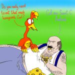  1:1 adult_swim anthro aqua_teen_hunger_force avian backpack bald banjo-kazooie beak bird blue_background blue_text breegull brown_hair carl_brutananadilewski cartoon_network clothed clothing crossover dialogue digital_media_(artwork) duo eating eating_food english_text facial_hair feathers female feral food green_background green_eyes hair hairy hairy_arms hairy_body head_tuft hi_res honey_(food) honeycomb human humor kama_and_hallie kazooie lying male male/female mammal messy_eater mustache on_side open_mouth orange_text profanity rareware red_body red_feathers red_text simple_background sweatpants text topwear tuft video_games yellow_body yellow_feathers 