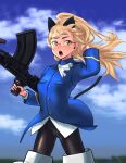  1girl animal_ears black_legwear blonde_hair blush breasts cat_ears cat_tail glasses gun highres long_hair military military_uniform neckerchief open_mouth orange_eyes panties panties_over_pantyhose pantyhose perrine_h._clostermann rifle shiny shiny_hair shiri_chin sky small_breasts solo strike_witches tail underwear uniform weapon white_neckerchief white_panties world_witches_series 