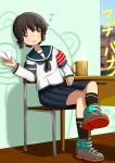  1girl absurdres arm_warmers armband black_hair blue_neckerchief blue_sailor_collar blue_skirt bokukawauso brown_eyes chair crossed_legs cup desk eighth_note full_body highres kantai_collection miyuki_(kancolle) mug musical_note neckerchief paper_airplane sailor_collar school_uniform serafuku short_hair sitting skirt solo subprocedure 