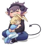  alpha_channel blonde_hair chibi clothing crossed_legs demon duo embrace eyes_closed female hair hi_res horn hug human humanoid male mammal purple_hair sitting smile spade_tail uluri young 