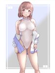  1girl breasts brown_eyes competition_swimsuit contrapposto cowboy_shot highres jacket large_breasts light_brown_hair looking_at_viewer mashinatsu one-piece_swimsuit original short_hair solo standing swimsuit turtleneck white_jacket white_swimsuit 