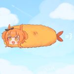  1girl :d =3 animal_ears blush_stickers cloud commentary ear_bow ewa_(ewa0310) flying food food_as_clothes highres horse_ears mayano_top_gun_(umamusume) orange_hair shrimp shrimp_tempura smile tempura two_side_up umamusume yellow_eyes 