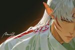  1boy artist_name black_background closed_mouth facial_mark forehead_mark inuyasha japanese_clothes kimono long_hair male_focus mmmilk pointy_ears portrait sesshoumaru solo whisker_markings white_hair white_kimono yellow_eyes 