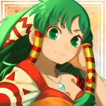  1girl close-up closed_mouth feena_(grandia) framed grandia grandia_i green_eyes green_hair hair_ornament highres jewelry long_hair looking_at_viewer official_style out_of_frame pendant smile solo umeda_warehouse upper_body 