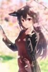  1girl animal_ears bangs black_hair black_jacket blurry blurry_background blush braid breasts cellphone cherry_blossoms commentary_request eyebrows_visible_through_hair fox_ears fox_girl hair_between_eyes highres holding holding_phone hololive jacket kurokami_fubuki long_hair looking_at_viewer open_clothes open_jacket open_mouth outdoors phone red_eyes red_shirt shirai_yu shirt sidelocks single_braid small_breasts solo virtual_youtuber 