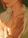  2boys artist_name collarbone collared_shirt commentary earrings green_background hand_up head_out_of_frame jewelry jojo_no_kimyou_na_bouken kakyoin_noriaki male_focus mmmilk multiple_boys open_clothes open_mouth open_shirt pectoral_cleavage pectorals red_hair shirt short_hair solo_focus upper_body white_shirt yaoi 