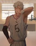  1boy alternate_hair_length alternate_hairstyle artist_name basketball_hoop basketball_uniform black_sleeves blurry blurry_background commentary detached_sleeves facial_mark forehead_mark hand_on_hip highres indoors inuyasha male_focus mmmilk parted_lips pointy_ears sesshoumaru short_hair solo sportswear sweat tank_top upper_body whisker_markings white_hair wiping_sweat yellow_eyes 