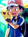  1boy :d ash_ketchum backpack bag bangs black_bag black_gloves black_hair black_shirt blue_jacket brown_eyes bush chitozen_(pri_zen) cloud commentary_request day fingerless_gloves gloves hand_up hat highres jacket male_focus on_shoulder open_mouth outdoors pikachu pokemon pokemon_(anime) pokemon_(creature) pokemon_on_shoulder pokemon_xy_(anime) red_headwear shirt short_hair sky smile tongue twitter_username watermark 